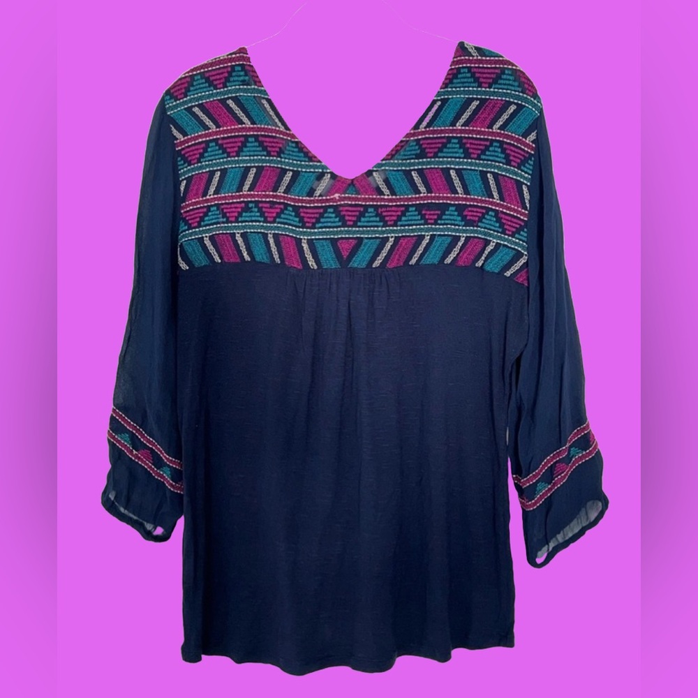 Lucky Brand Navy Blue Womens Embroidered Quarter Length Sleeve Top, Size Large